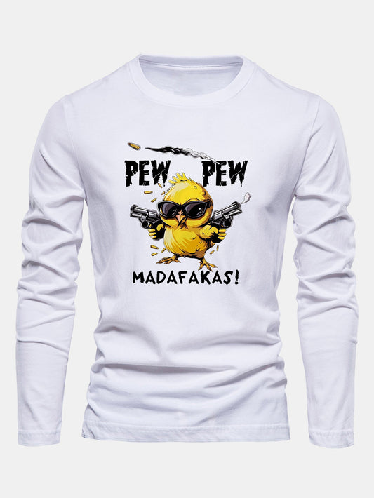 "Pew Pew" Chicken Print Long Sleeve Cotton T-Shirt