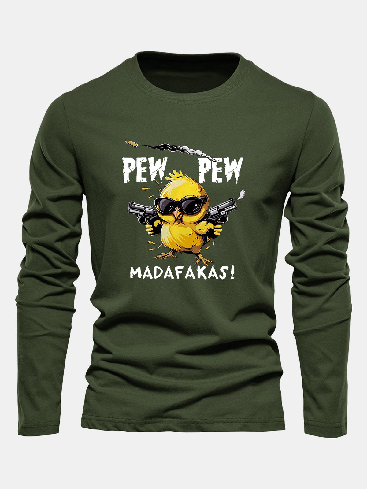 "Pew Pew" Chicken Print Long Sleeve Cotton T-Shirt
