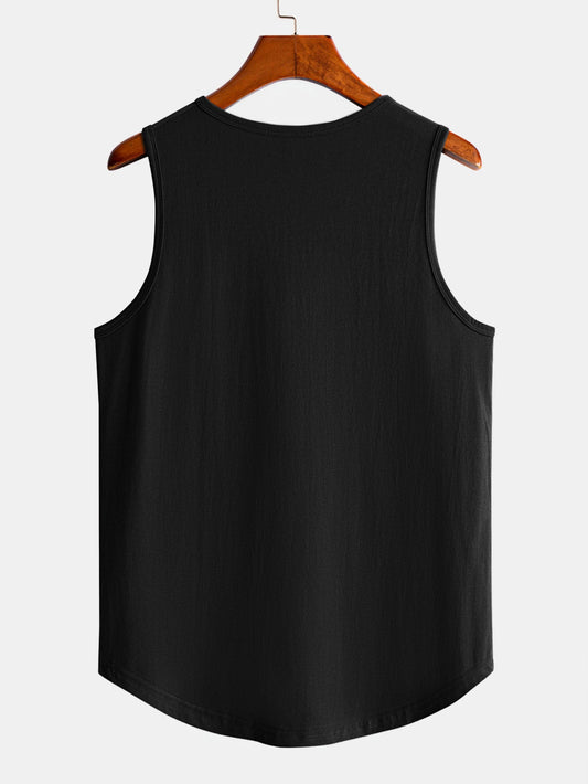 Black Print Curved Hem Cotton Muscle Tank