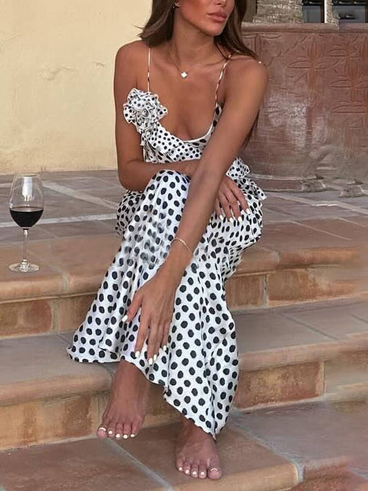 Polka Dot Print Fantasy Guipure Ruffled Suspender Maxi Dress