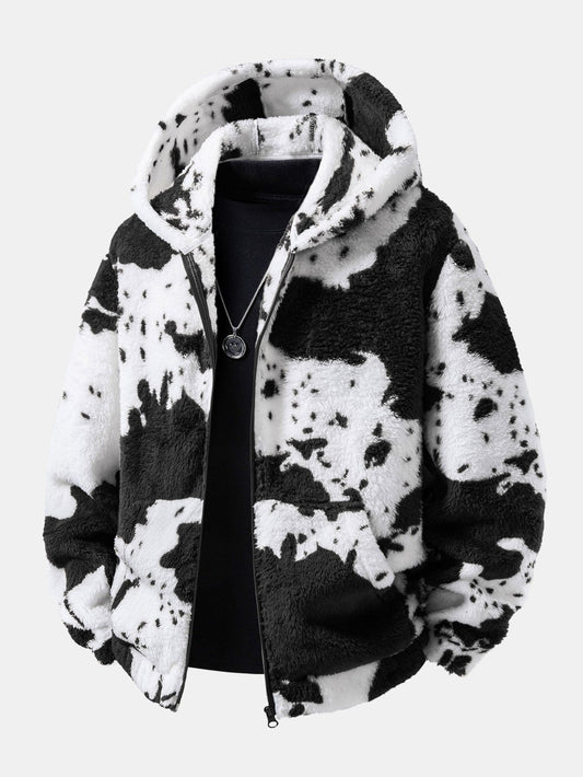 Cow Print Teddy Zip Hooded Jacket & Joggers Set