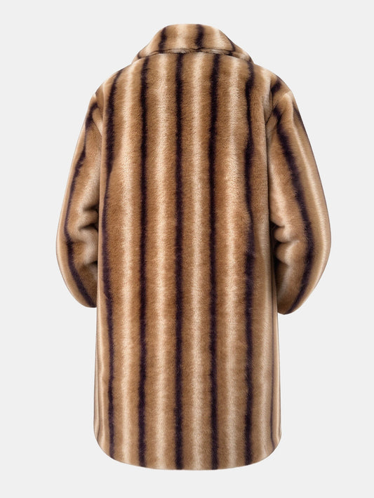 Striped Faux Fur Longline Notch Lapel Coat