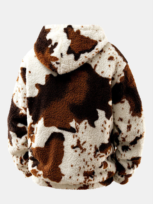 Cow Print Teddy Fleece Hoodie