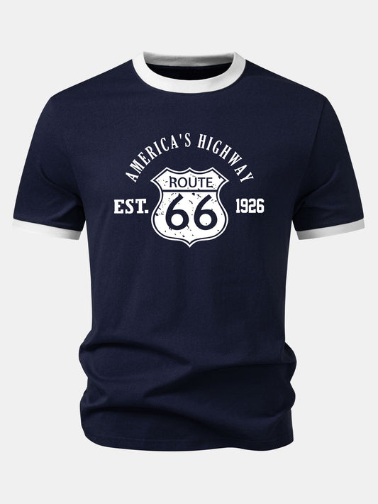 Vintage Route 66 Print Contrast Trim T-Shirt