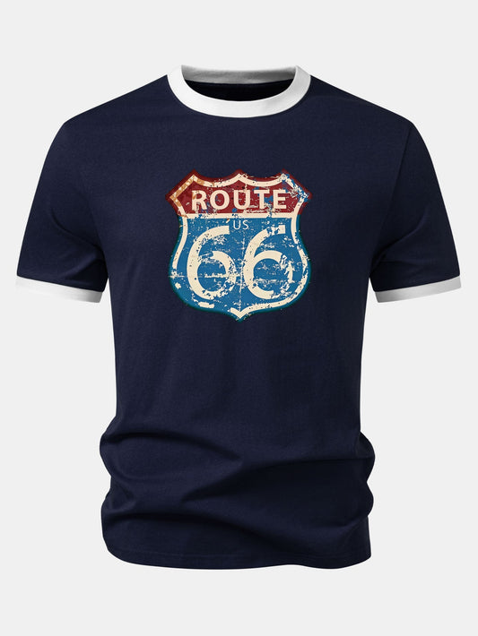 Vintage US Route 66 Print Contrast Trim T-Shirt