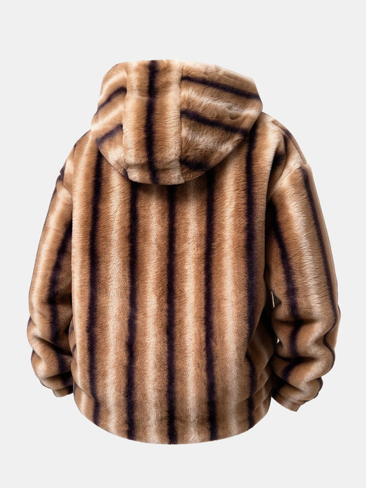 Striped Faux Fur Zip Hooded Jacket