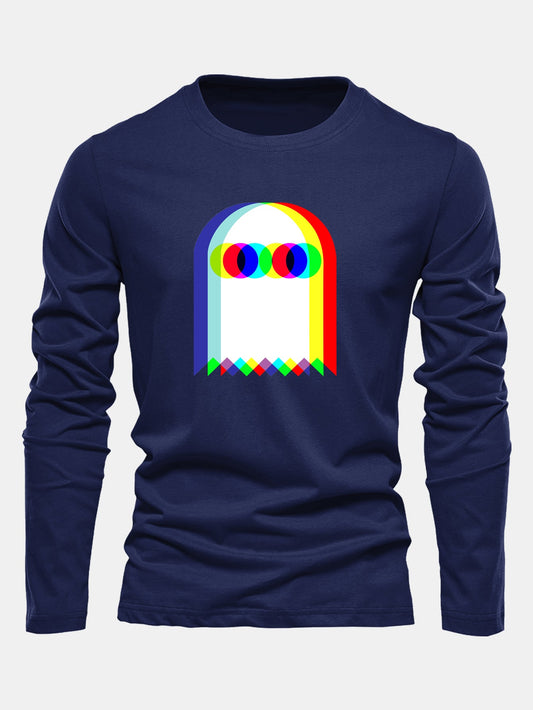 Glitch Ghost Print Long Sleeve Cotton T-Shirt