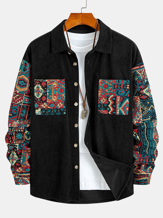 Geometric Jacquard Corduroy Patchwork Shirt & Trousers Set