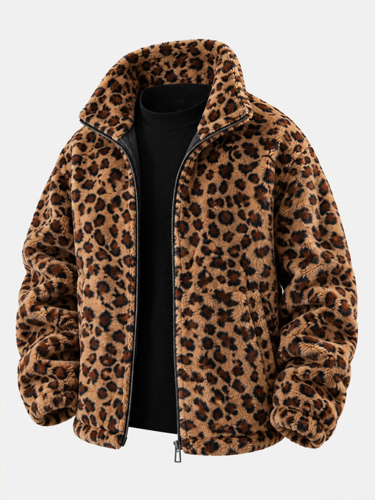 Leopard Print Faux Fur Zip Jacket