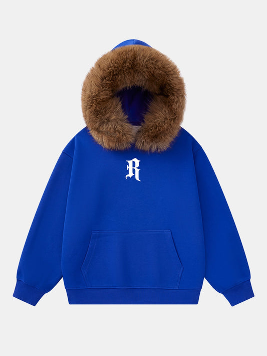 Letter R Print Faux Fur Trim Hoodie