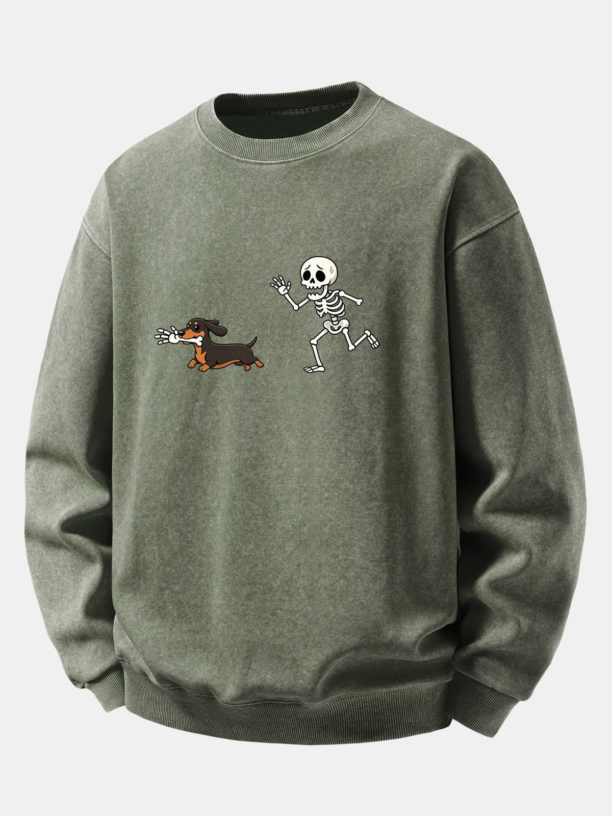 Skeleton & Dachshund Print Washed Distressed Sweatshirt