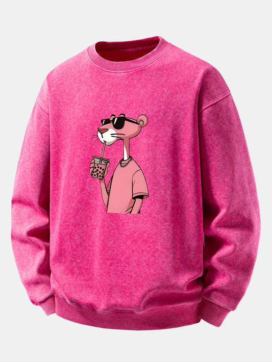 Pink Panther Print Washed Distressed Sweatshirt