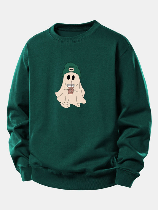 Moletom de corte confortável com estampa de fantasma fofo tomando café