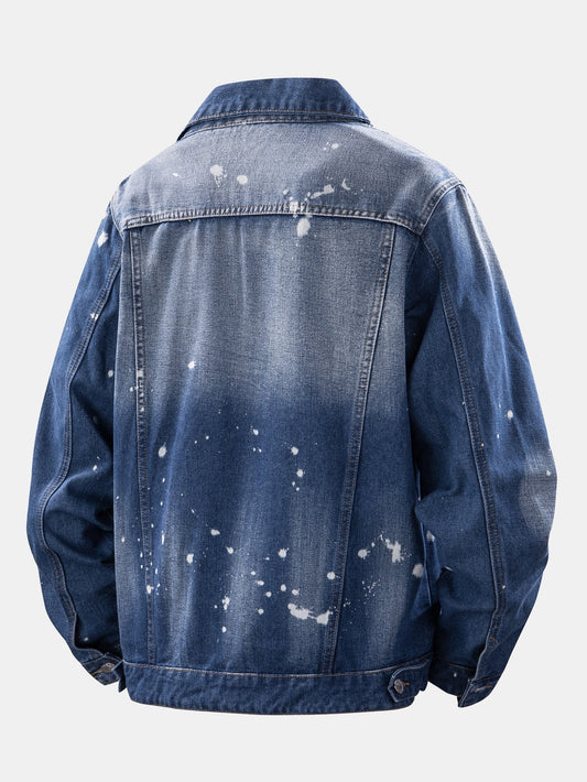 Jaqueta jeans lavada desgastada com respingos de tinta