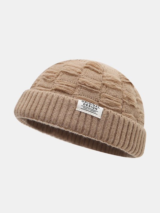 Distressed Check Knit Cuffed Short Beanie