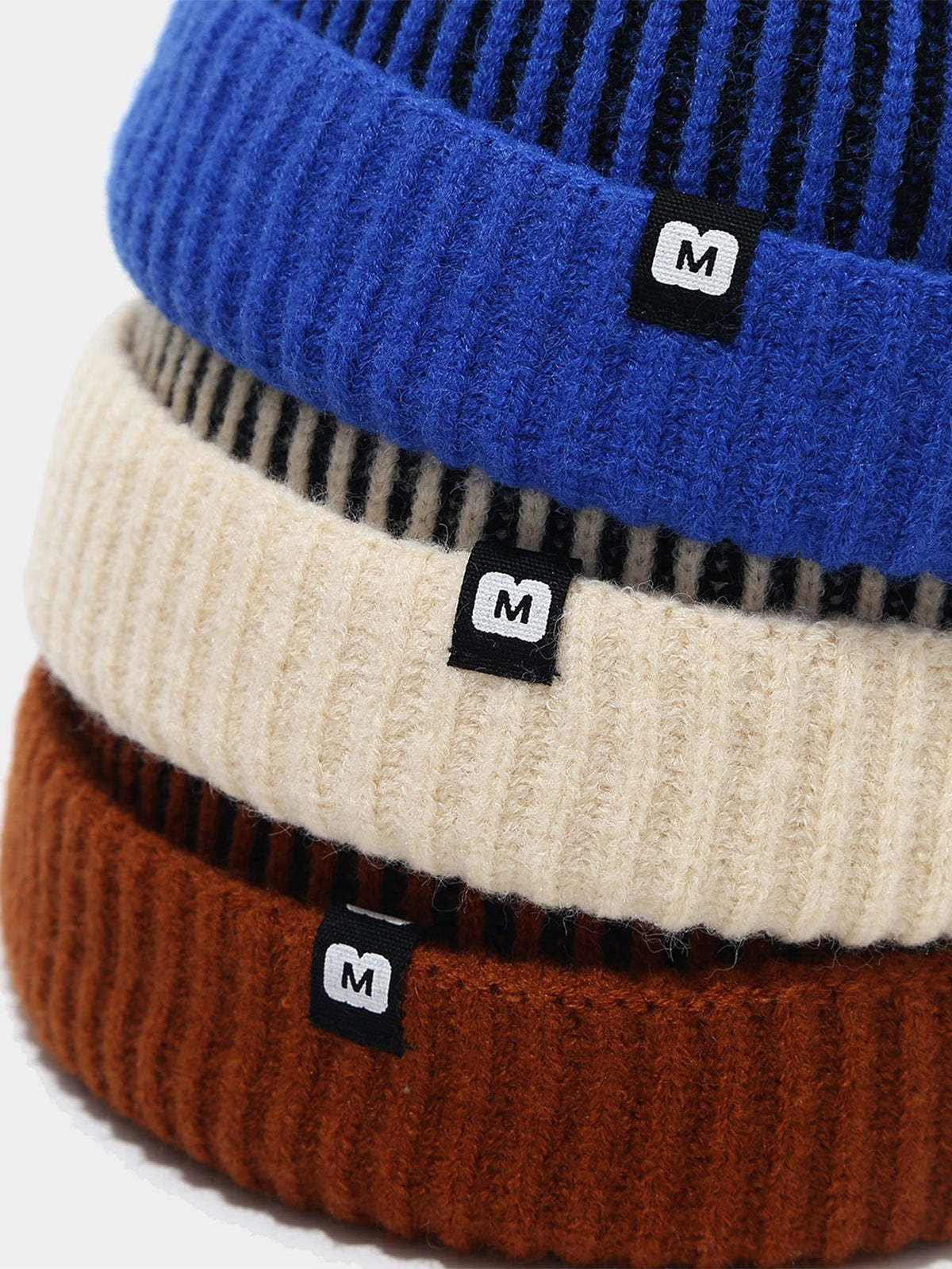 Striped Ribbed Knit Cuffed Short Beanie