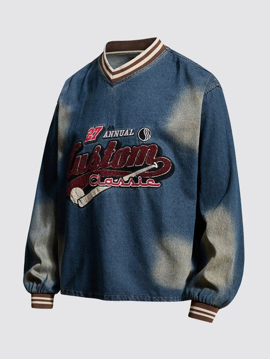 Vintage Washed Denim Baseball Embroidered Sweatshirt