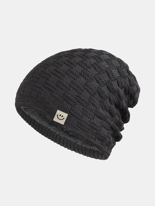 Fleece-Lined Smiley Patch Knit Beanie