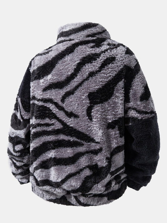 Colour Block Animal Print Teddy Zip Jacket