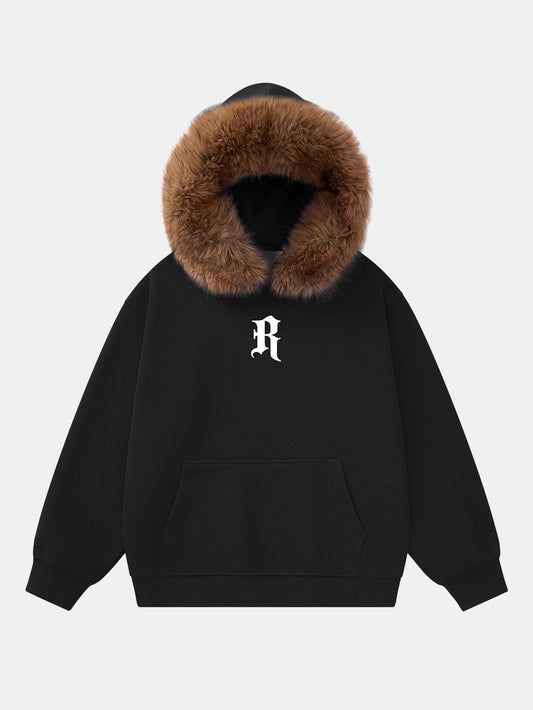 Letter R Print Faux Fur Trim Hoodie