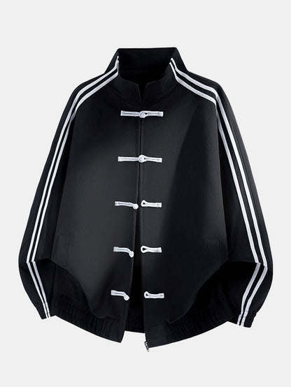 Striped High Neck Sports Jacket with Frog Buttons