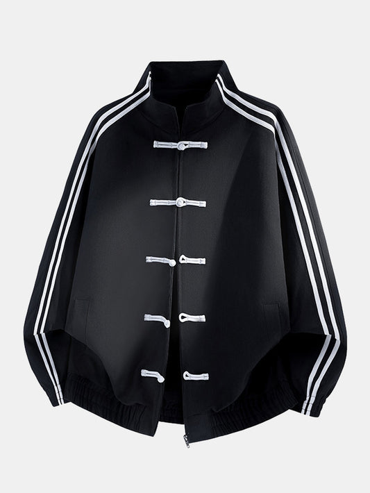 Striped High Neck Sports Jacket with Frog Buttons