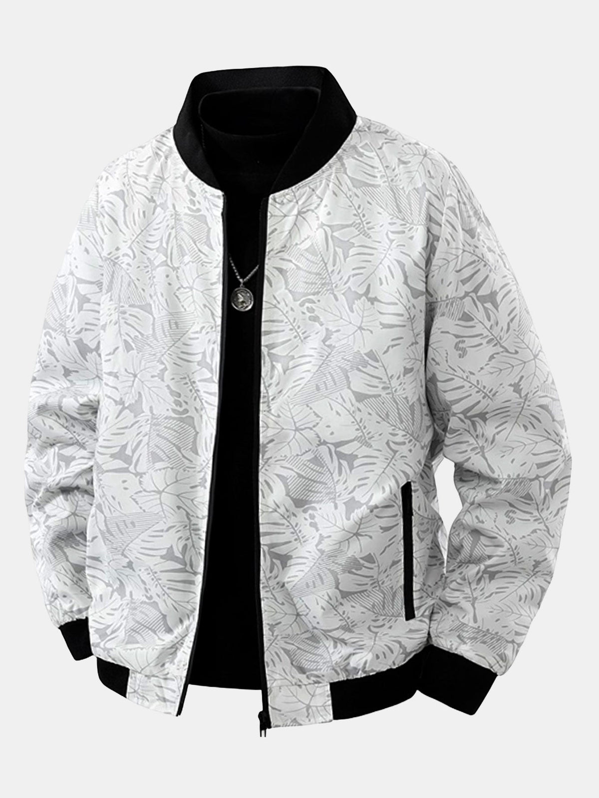 Jaqueta bomber com zíper e estampa de folhas