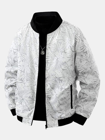 Jaqueta bomber com zíper e estampa de folhas