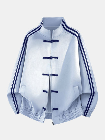 Striped High Neck Sports Jacket with Frog Buttons