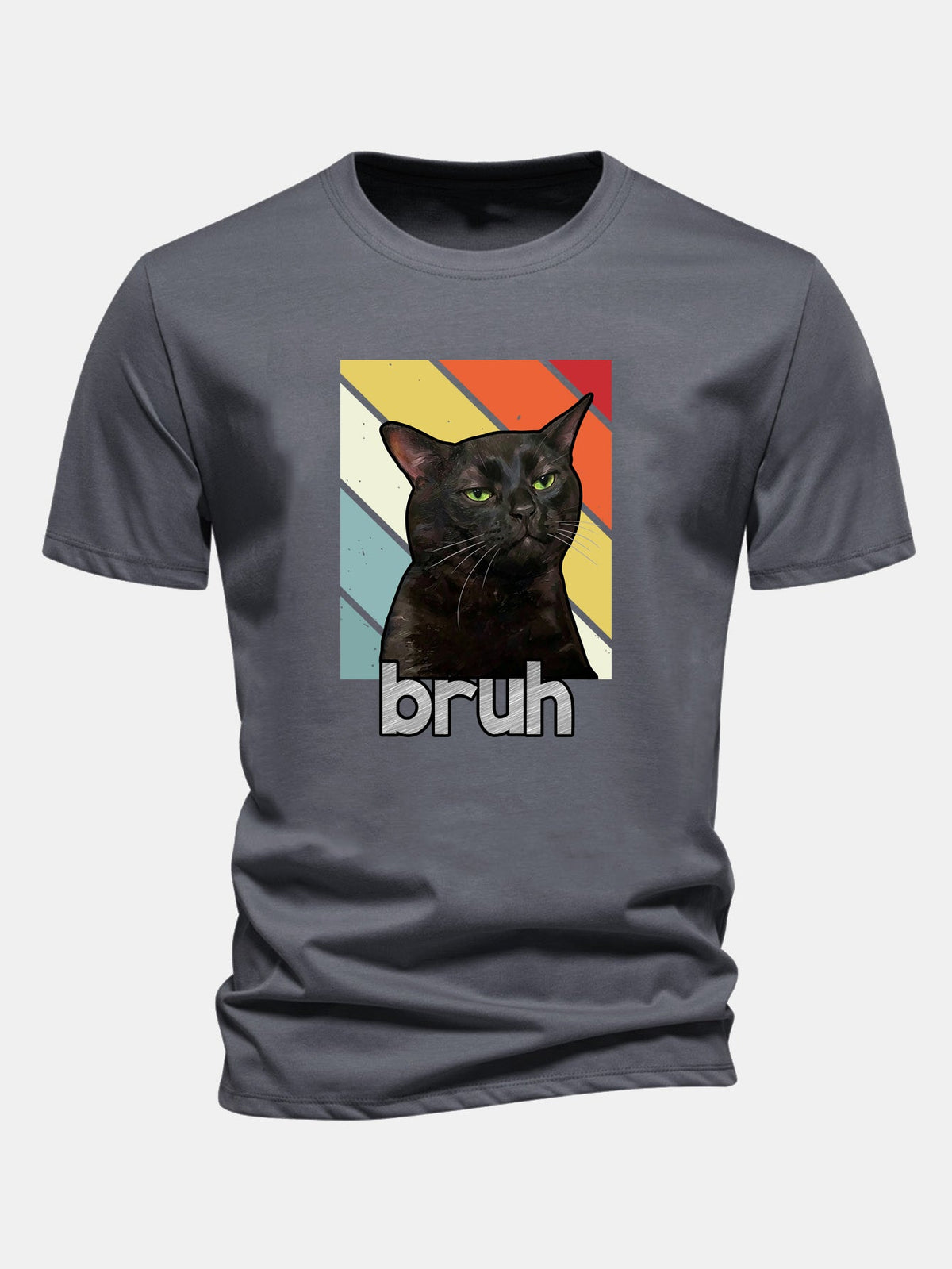 Camiseta de algodão preta com estampa de gato, corte regular, Bruh