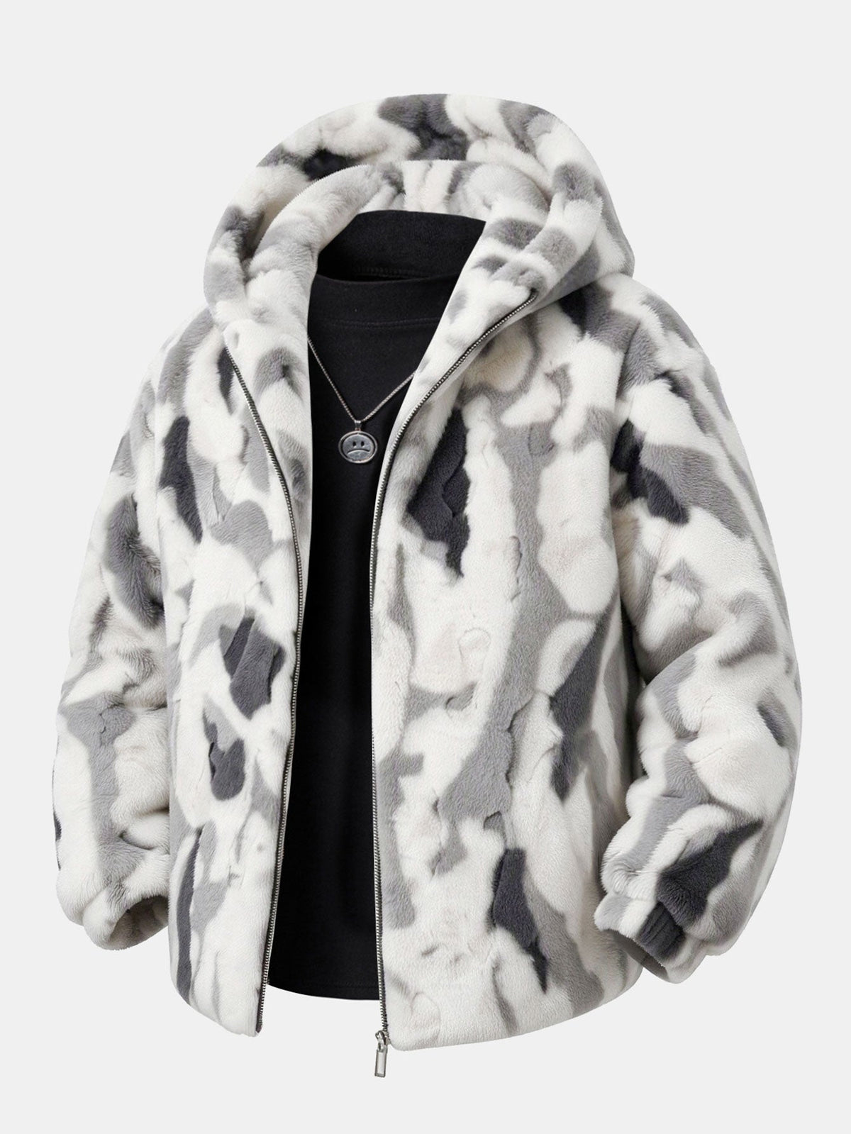 Camo Faux Fur Hooded Zip Jacket