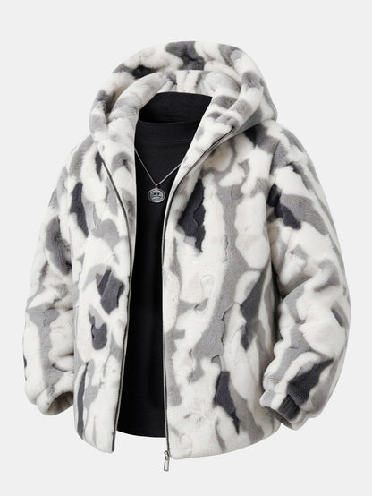 Camo Faux Fur Hooded Zip Jacket