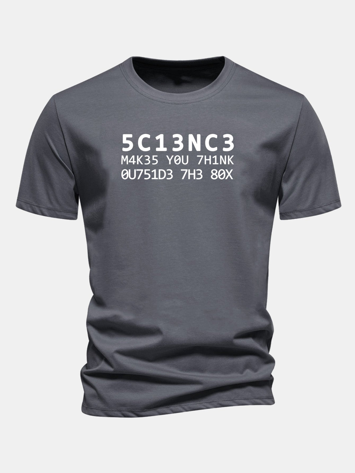 Camiseta de algodão com modelagem regular, estampa de citação científica em leetspeak