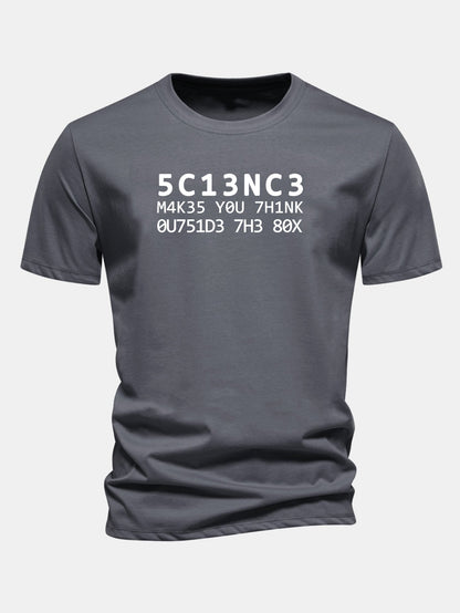 Camiseta de algodão com modelagem regular, estampa de citação científica em leetspeak