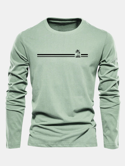 Camiseta de algodão com estampa listrada de palmeiras e mangas longas