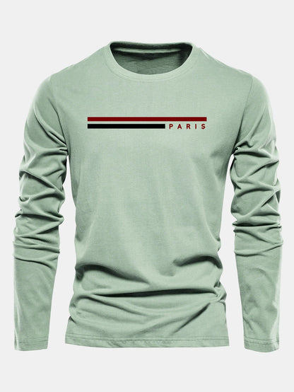 Camiseta de algodão com mangas longas, listras e estampa de Paris