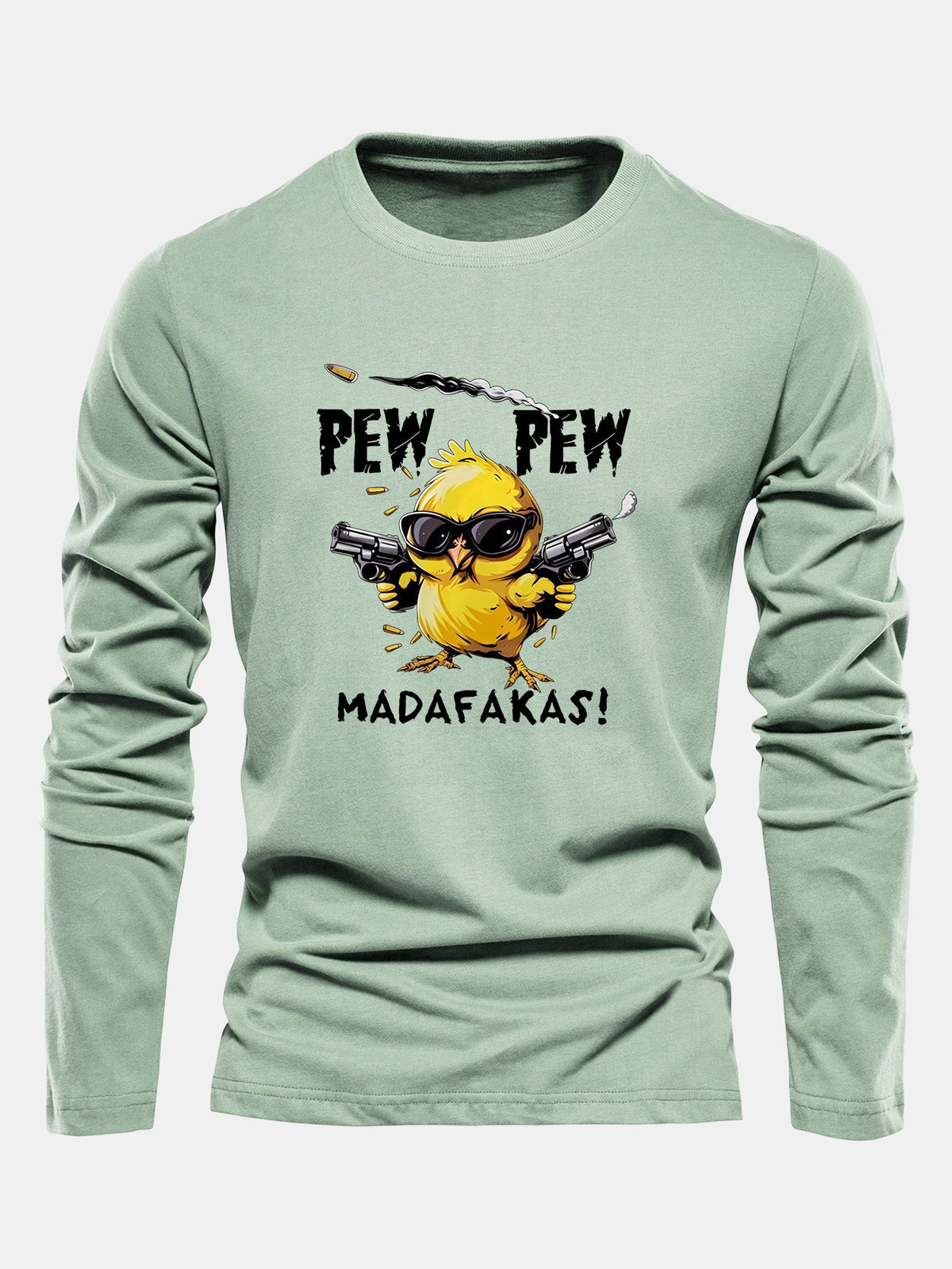 "Pew Pew" Chicken Print Long Sleeve Cotton T-Shirt