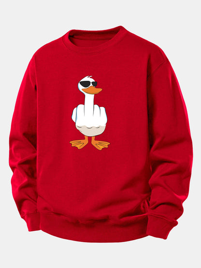 Moletom de Corte Relaxado com Estampa Engraçada de Pato Mostrando o Dedo Médio