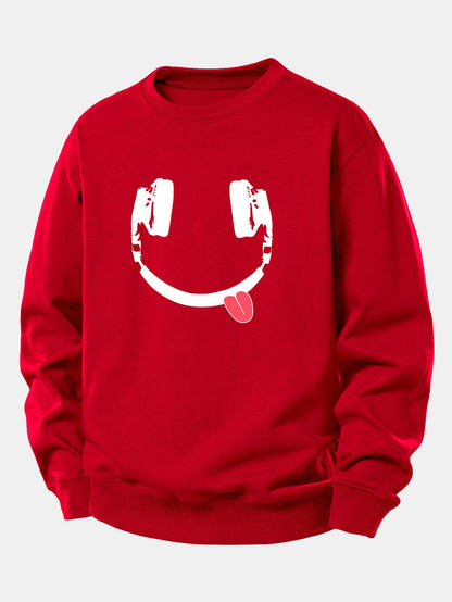 Moletom de caimento confortável com estampa de carinha sorridente usando fones de ouvido