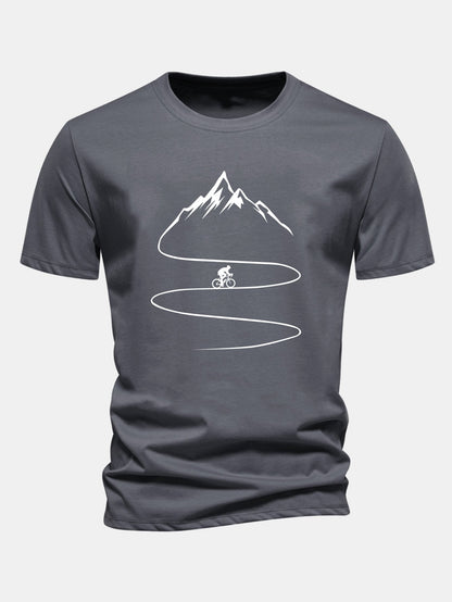 Camiseta de algodão com estampa de ciclismo e montanha, caimento regular