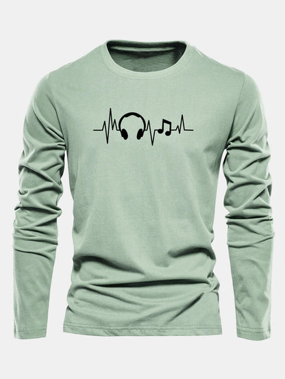 Camiseta de algodão com mangas longas e estampa de batimentos cardíacos musicais