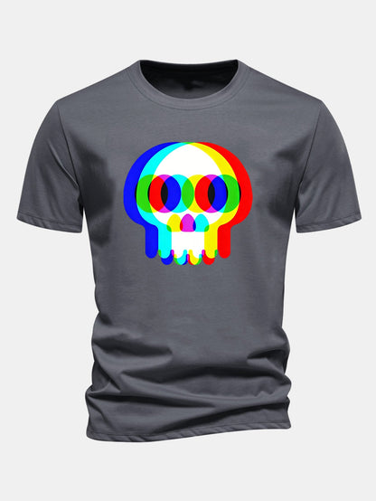 Glitch Skull Print Cotton T-Shirt