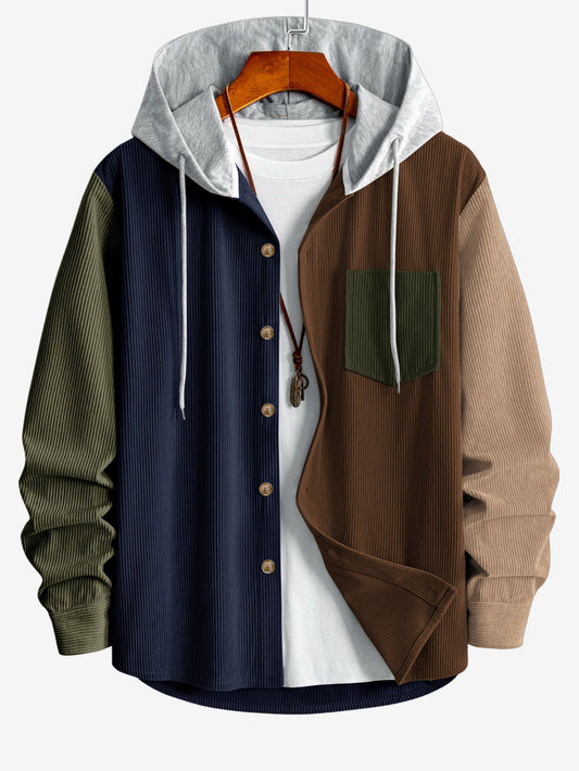 Camisa de veludo cotelê com capuz e blocos de cores
