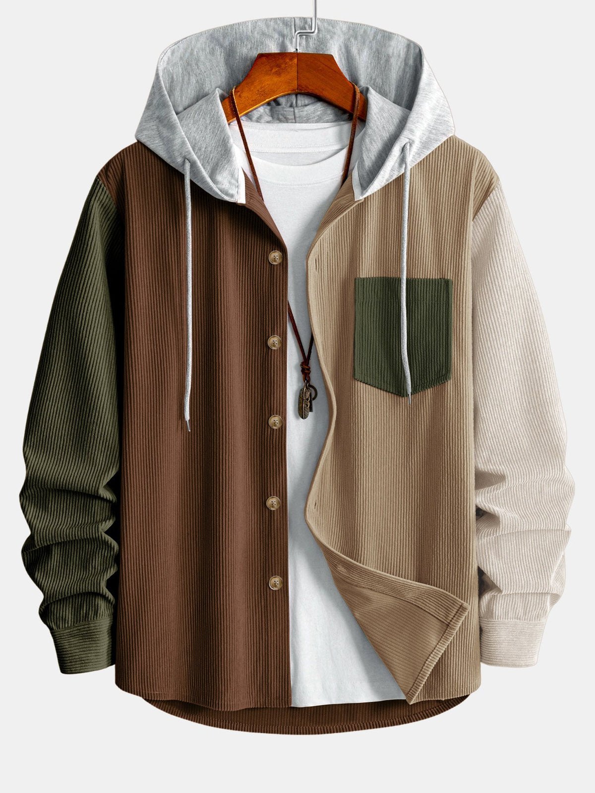 Camisa de veludo cotelê com capuz e blocos de cores