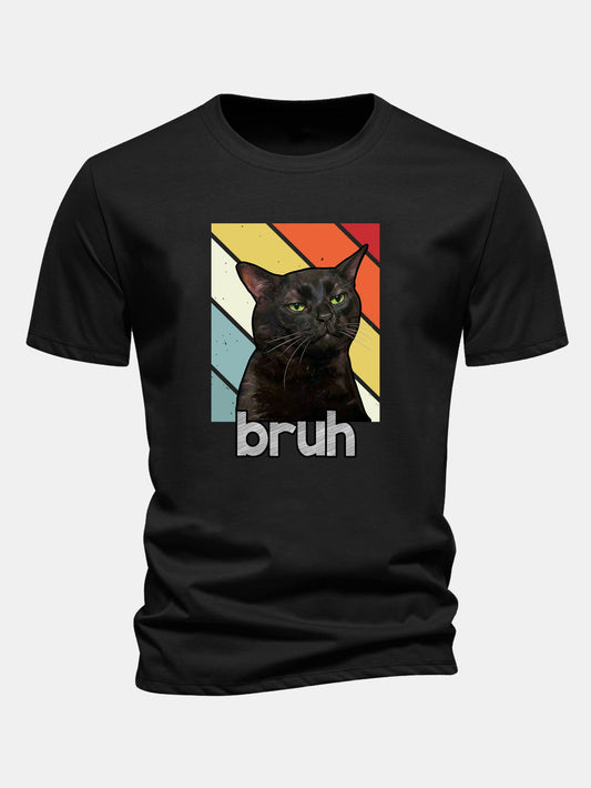 Camiseta de algodão preta com estampa de gato, corte regular, Bruh