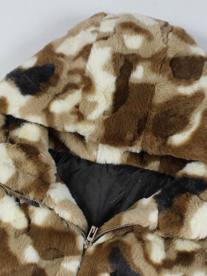 Camo Faux Fur Hooded Zip Jacket