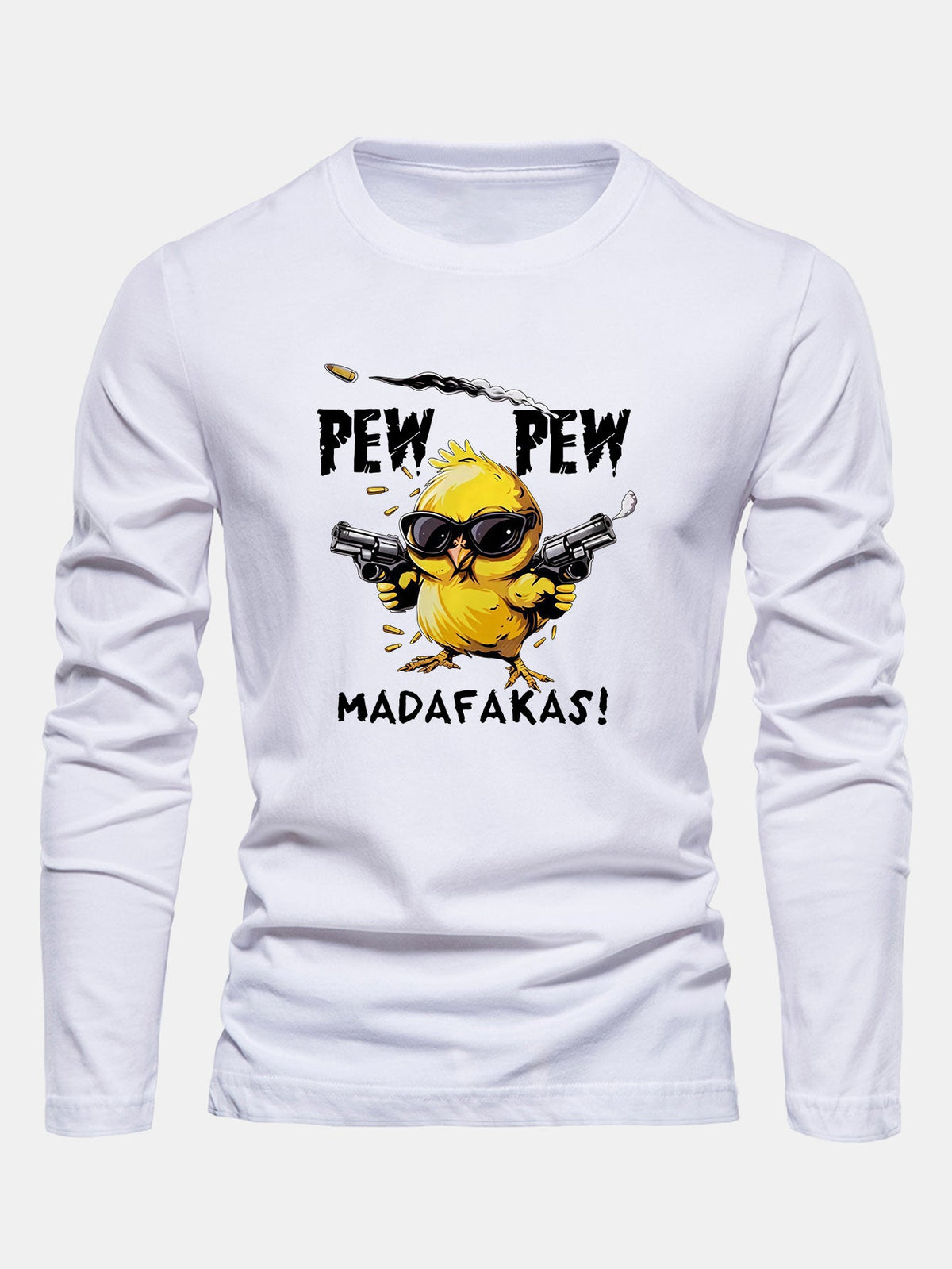 "Pew Pew" Chicken Print Long Sleeve Cotton T-Shirt