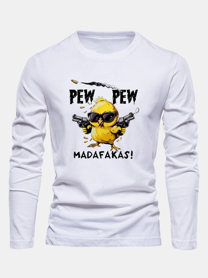 "Pew Pew" Chicken Print Long Sleeve Cotton T-Shirt