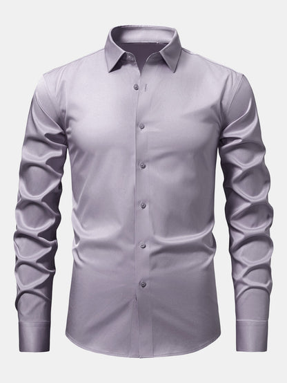 Camisa de cetim justa de manga longa com botões
