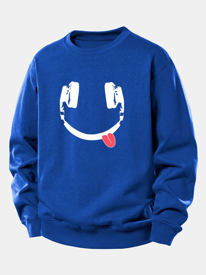 Moletom de caimento confortável com estampa de carinha sorridente usando fones de ouvido